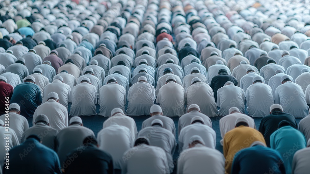Naklejka premium A large group of individuals in white attire is seen bowing in prayer, creating a striking visual of unity and devotion in a worship setting.
