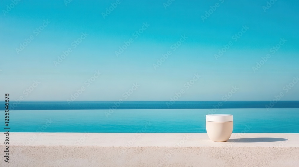 Minimalist ocean-inspired composition with ceramic jar