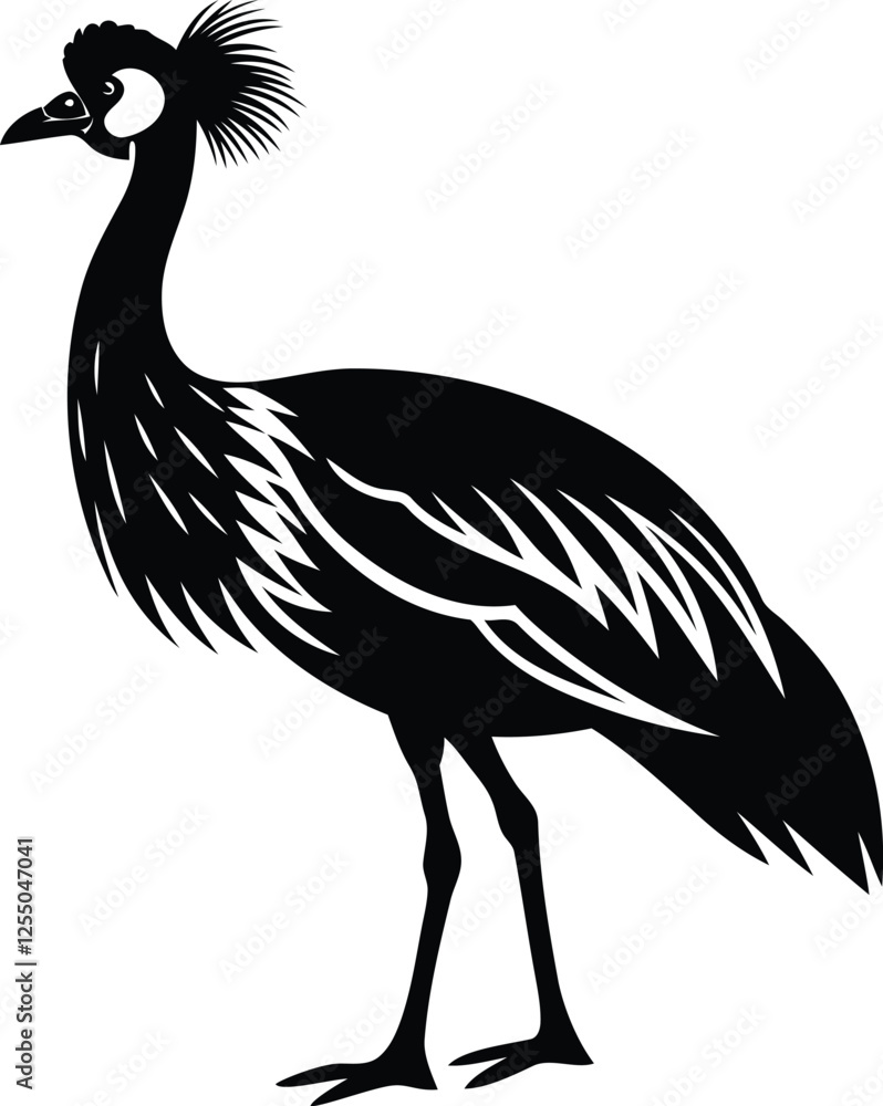 Obraz premium Standing Grey crowned crane balearica silhouette vector illustration, Grey crowned crane balearica iconic vector design