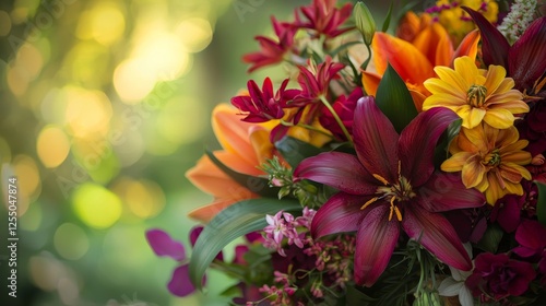 Wallpaper Mural Ethereal Blooms: Close-up of Elegant Floral Bouquet in Vibrant Colors Against Blurred Garden Ceremony Background Torontodigital.ca