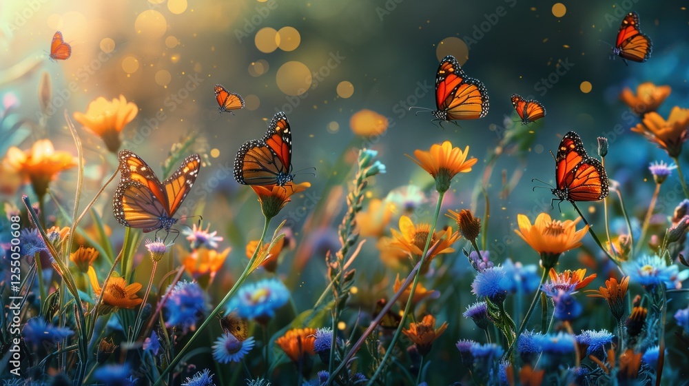 Monarch Butterflies in a Colorful Wildflower Field . Monarch Butterflies in a Colorful Wildflower Field .