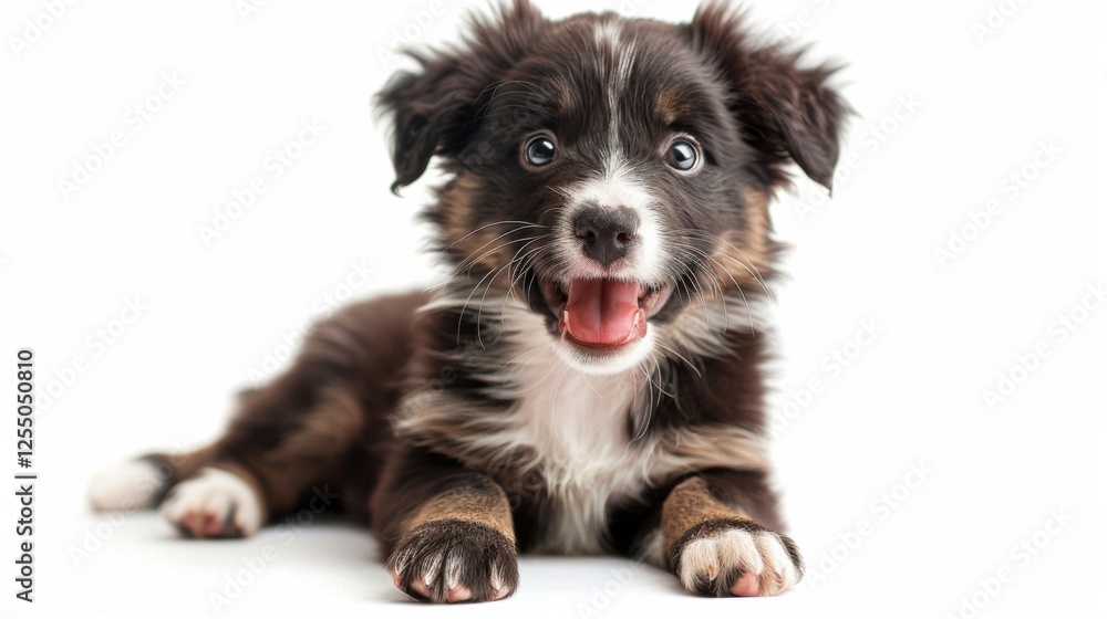 Fototapeta premium Adorable Welsh puppy, tongue out panting, winking playfully, sitting on a white backdrop