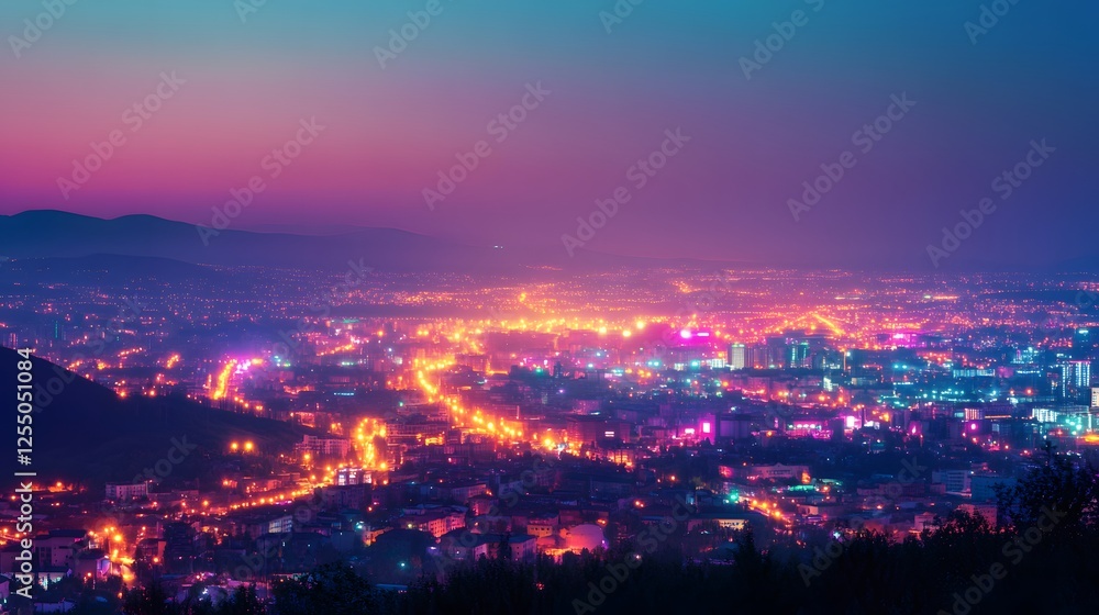 Naklejka premium Night City Lights Illuminate Mountain Valley Skyline