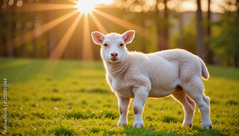 Gentle lamb standing in a sunlit meadow, serene ambiance, celebration of springtime Gentle lamb standing in a sunlit meadow, serene ambiance, celebration of springtime