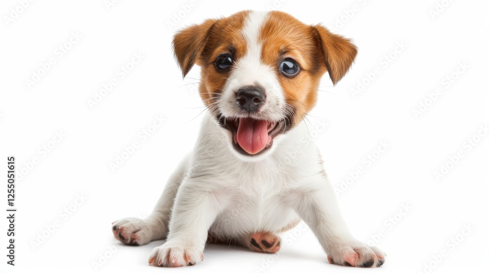 Adorable Welsh puppy, tongue out panting, winking playfully, sitting on a white backdrop Adorable Welsh puppy, tongue out panting, winking playfully, sitting on a white backdrop