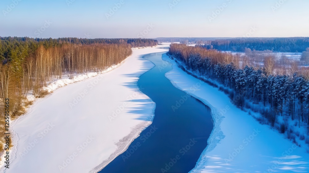 Snowy river winding through a winter forest landscape Snowy river winding through a winter forest landscape