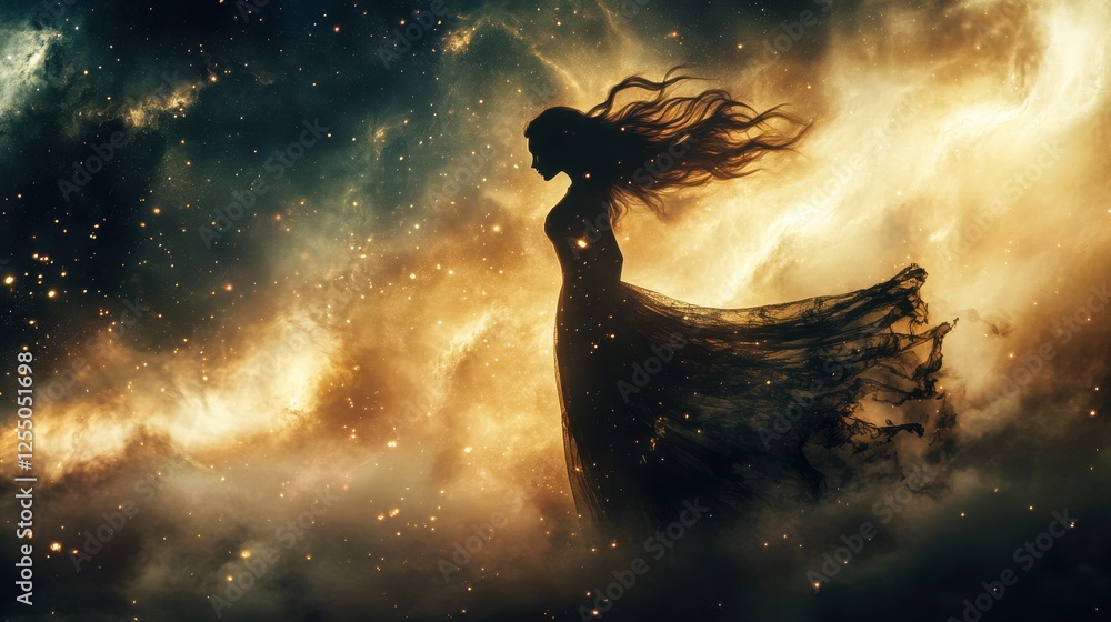 Obraz premium ethereal woman with flowing hair and gossamer gown conjuring swirling luminescent magic cosmic background with stars and nebulae creates a dreamlike atmosphere of wonder and possibility