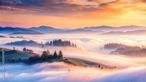 Wallpaper Mural Serene Sunrise Over Misty Mountain Valley, Rolling Hills Enveloped in Soft Morning Fog, Golden Hour Light Illuminates the Landscape Torontodigital.ca