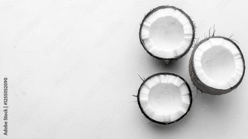 Fototapeta premium Freshly cut coconut half with smooth white flesh, isolated on a white background, ideal for tropical designs