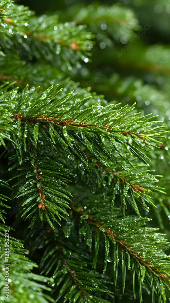 Fototapeta premium Closeup Dewy Evergreen Branch Photo