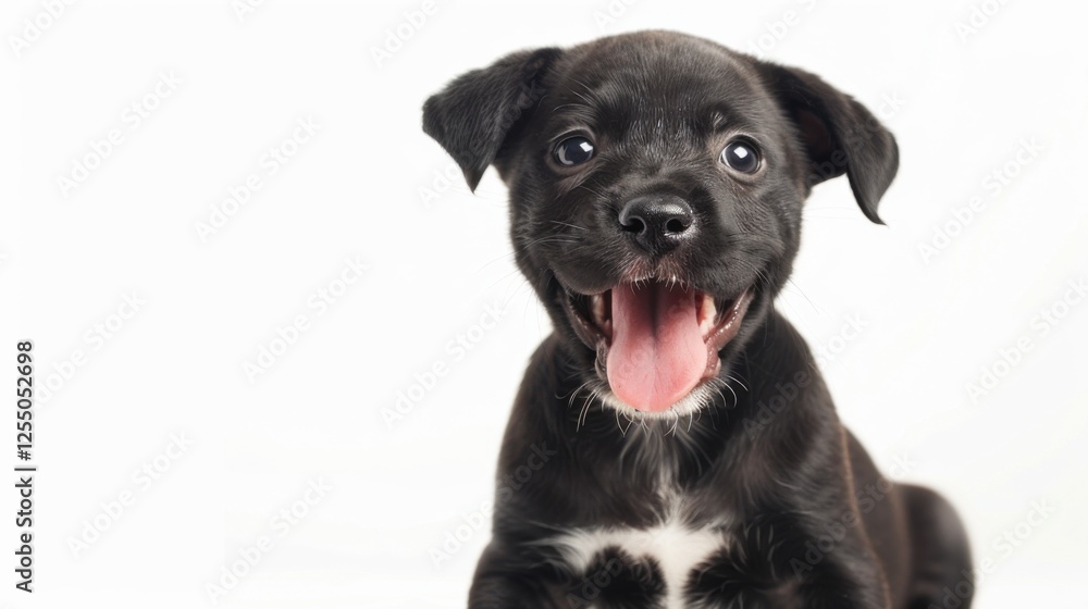 Fototapeta premium Adorable Welsh puppy, tongue out panting, winking playfully, sitting on a white backdrop