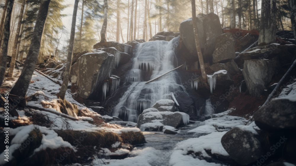 Fototapeta premium Frozen Waterfall in Winter Forest - Winter Wonderland