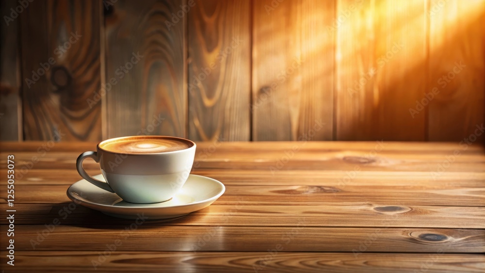 Aromatic Cappuccino in a White Cup on Rustic Wooden Table Illuminated by Warm Sunlight Aromatic Cappuccino in a White Cup on Rustic Wooden Table Illuminated by Warm Sunlight