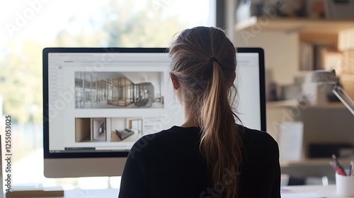 Woman reviewing 3D architectural designs on computer.