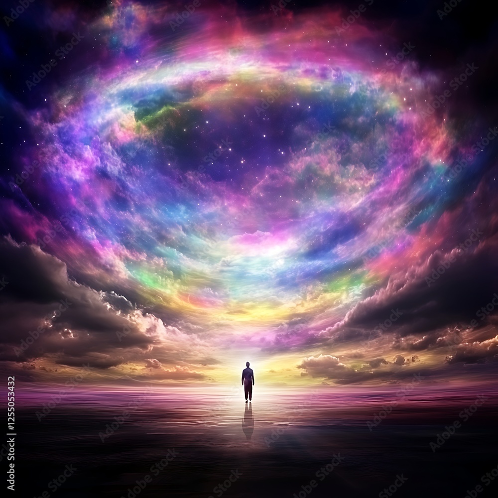 Fototapeta premium Serene Journey Silhouette Walking toward a Colorful Nebula Vortex on Reflective Surface Adventure