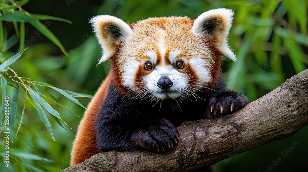 Naklejka premium Red Panda Cub on Branch, Lush Forest Background, Wildlife, Zoo, Cute Animal