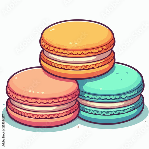 Sweet Trio of Macarons: Three delectable macarons in pastel orange, pink, and teal, arranged in a visually appealing stack, ready to tempt the taste buds.