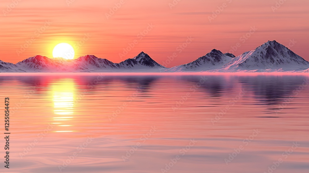 Serene Mountain Range Reflected on Calm Water Surface Under the Warm Glow of a Sunset