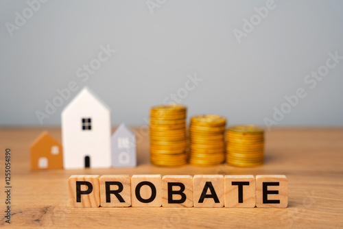 Real estate that is part of a deceased person's estate and managed or distributed through the probate process. Wooden blocks Probate and miniature houses.