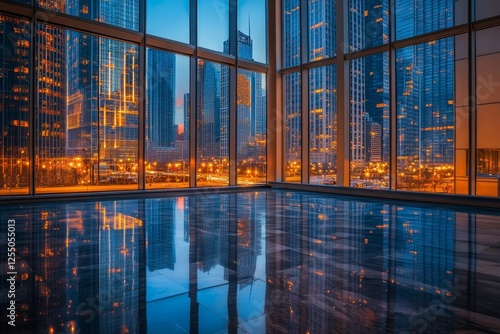 Stunning urban landscape reflected in modern building s glass facade during a warm sunset glow photo