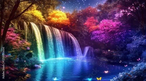 Enchanted night landscape with magical creatures, glowing waterfalls, and starry skies