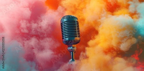 Retro microphone in colorful smoke. (1)