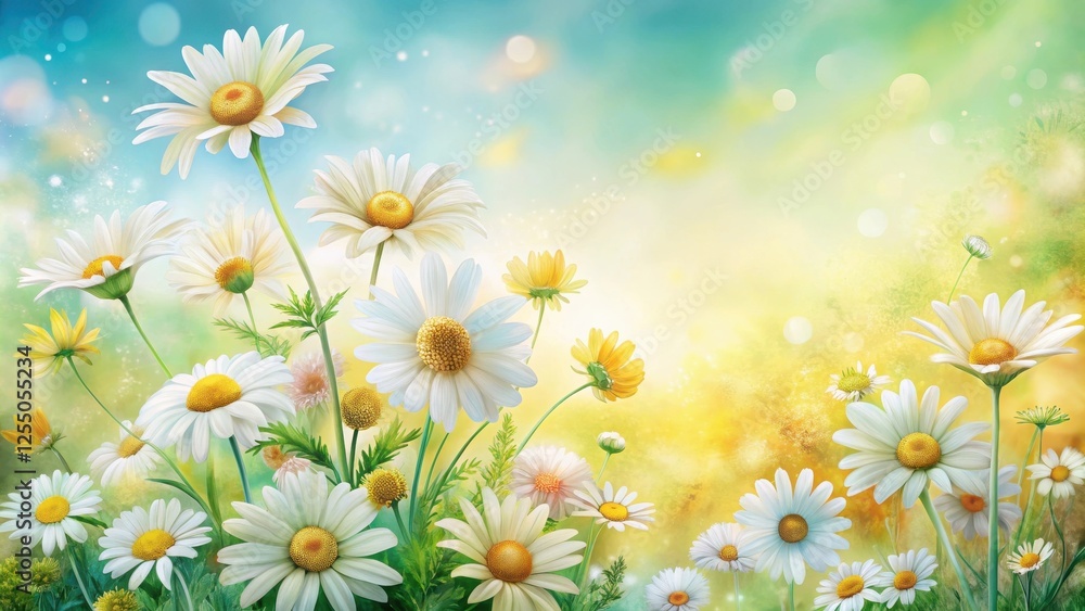 Obraz premium A vibrant depiction of daisies in a sunlit meadow, showcasing their delicate petals and bright yellow centers, against a soft-focus backdrop of pastel hues.