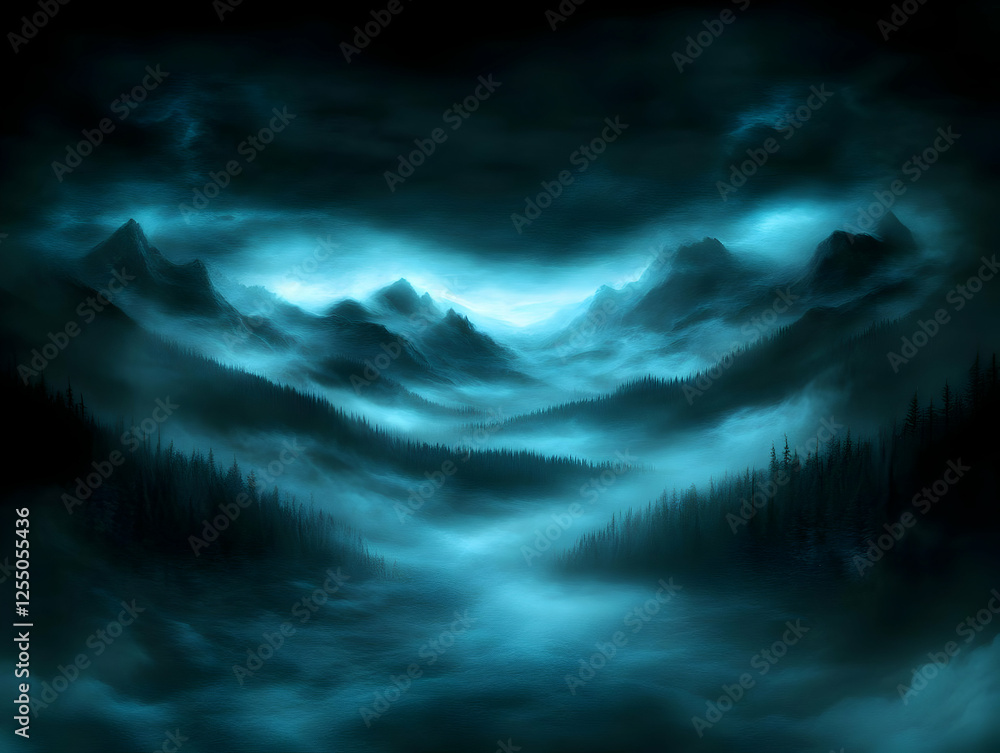 Fototapeta premium Enigmatic Mountain Illustration: A Misty Night Scene