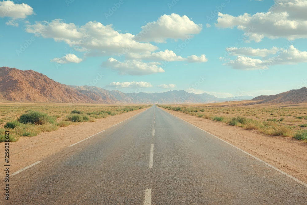 Endless road stretching through arid landscape with mountains under a clear blue sky