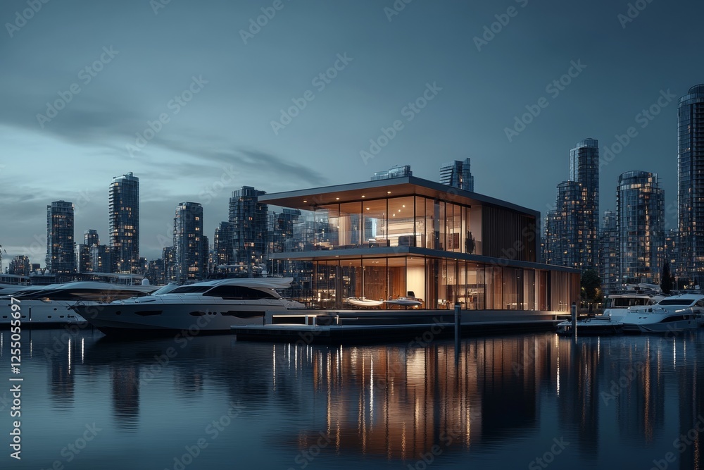 Stunning twilight view of vancouver s skyline with yachts and urban architecture reflected in water Stunning twilight view of vancouver s skyline with yachts and urban architecture reflected in water