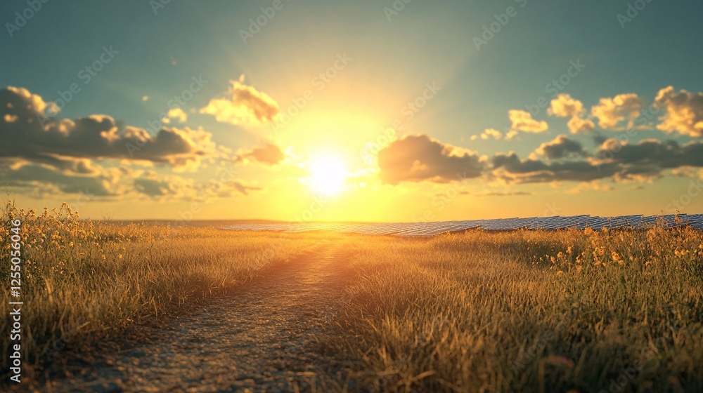 Fototapeta premium Sunrise over tranquil pathway coastal field scenic nature peaceful landscape wide view serenity