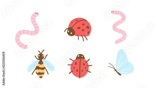 Hand Drawn Garden Insects. Cute Drawing of Worm, Ladybug, Bee and Butterfly. Children Book Illustration.