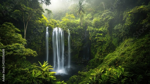Enchanting jungle waterfall cascading through lush tropical greenery