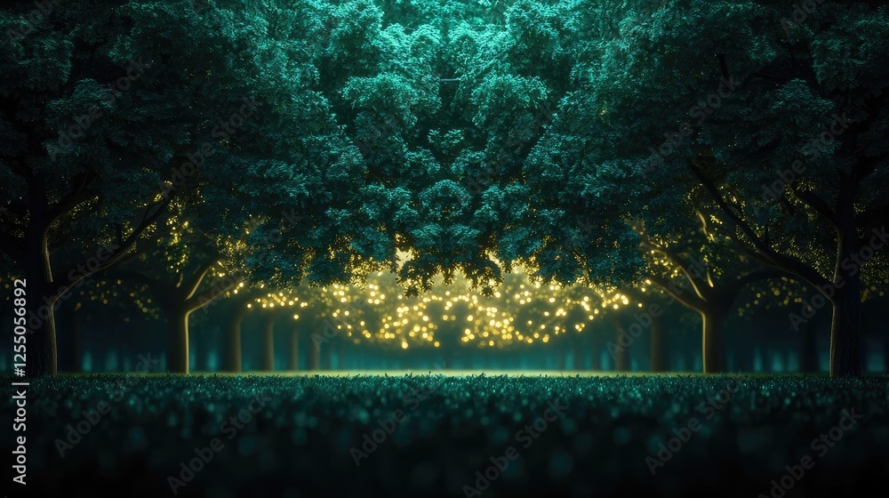 Fototapeta premium Glow forest concept. A serene forest with glowing lights, creating a magical and enchanting atmosphere.