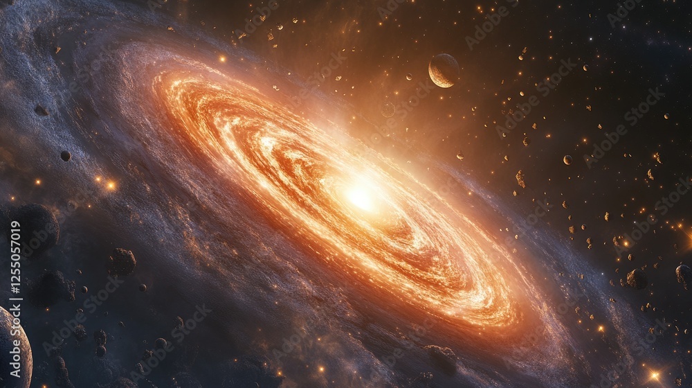 Obraz premium Breathtaking space view showcasing planets, a glowing galaxy core, and scattered meteors across the cosmos.