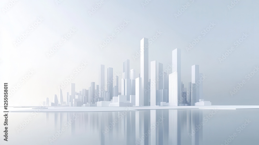 Fototapeta premium White background, city skyline, vector illustration style, simple lines, high-end aesthetic, light gray and white color scheme, urban architecture