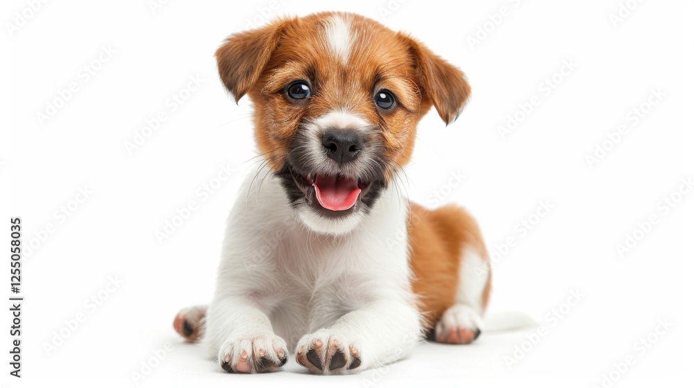 Adorable Welsh puppy, tongue out panting, winking playfully, sitting on a white backdrop Adorable Welsh puppy, tongue out panting, winking playfully, sitting on a white backdrop