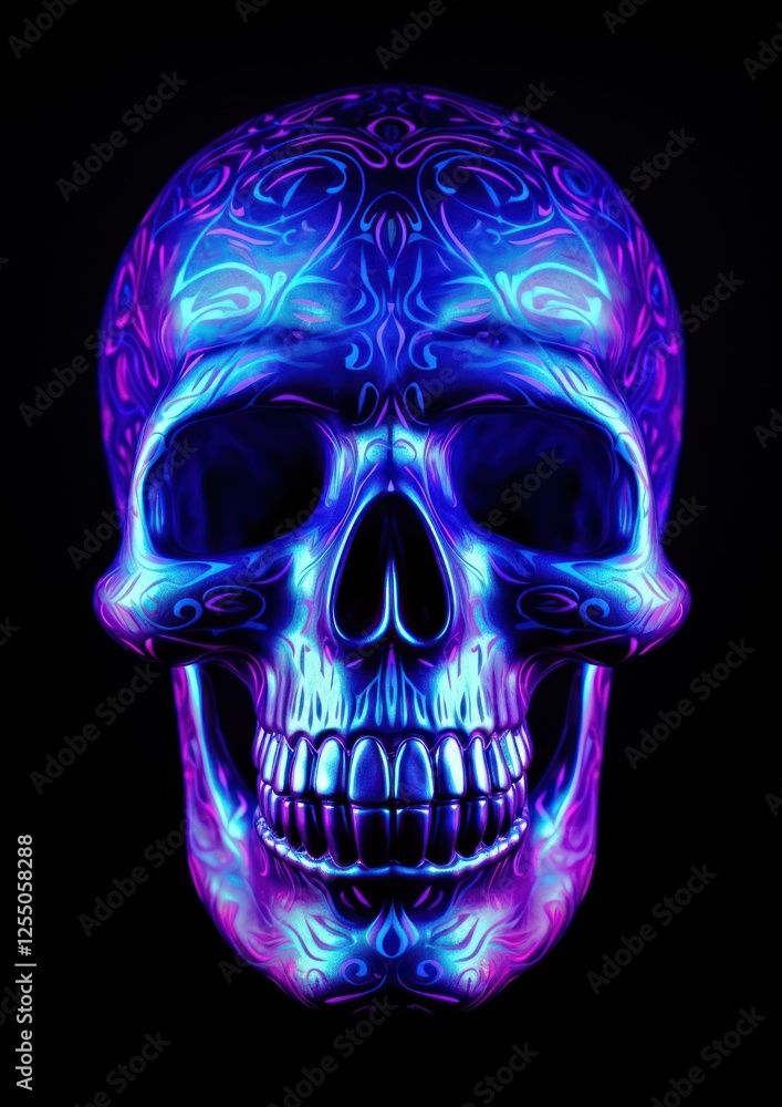 Obraz premium Neon skull purple light illuminated.