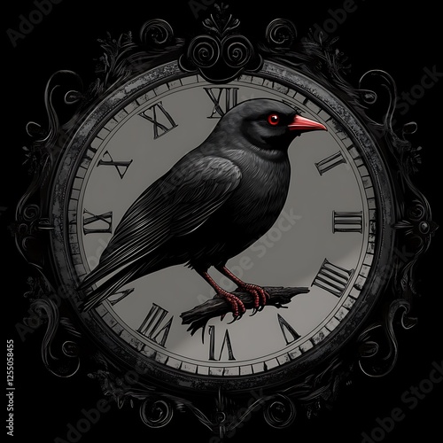 Clock with Raven, Time and Nature, Dark, Artistic Design, for prints or posters photo