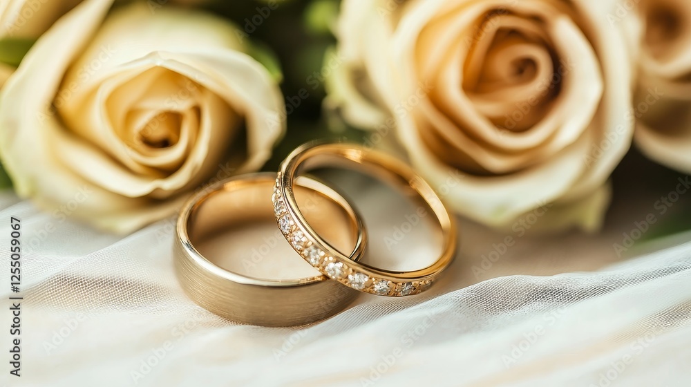 Elegance in Detail: Wedding Rings on Bouquet - Capturing Timeless Romance with Soft Petals in Focused Close-Up Elegance in Detail: Wedding Rings on Bouquet - Capturing Timeless Romance with Soft Petals in Focused Close-Up