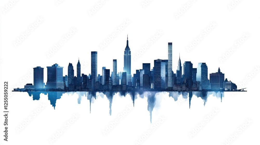 Fototapeta premium Minimalist New York city skyline silhouette in blue and white, featuring iconic landmarks for commercial use.