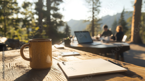 A Cozy Outdoor Workspace with a Laptop, Notebook, and a Mug of Coffee, Surrounded by Nature,digital nomad