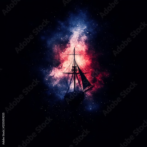 Silhouette of a Sailing Ship Navigating Through a Nebula Galaxy Celestial Artwork and Exploration photo