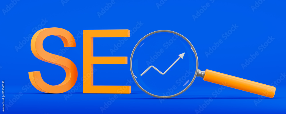 SEO concept with magnifying glass and arrow on a blue background. 3D Rendering SEO concept with magnifying glass and arrow on a blue background. 3D Rendering
