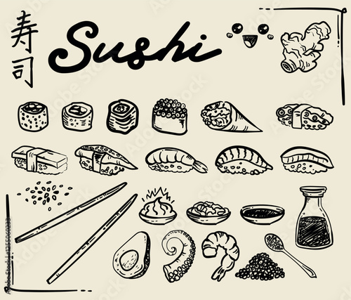 Whimsical, ahnd drawn style sushi set, vector illustration
