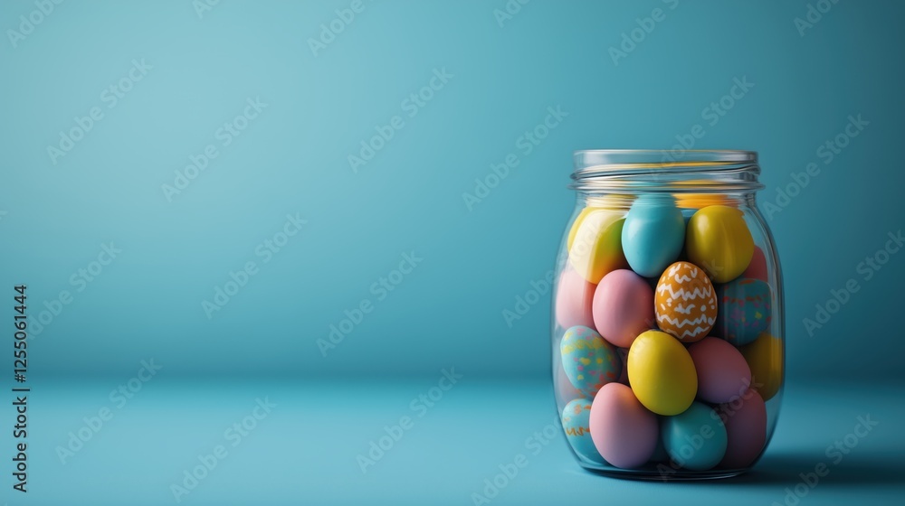 Glass jar filled with colorful polka-dotted Easter eggs against a pastel blue background. Glass jar filled with colorful polka-dotted Easter eggs against a pastel blue background.