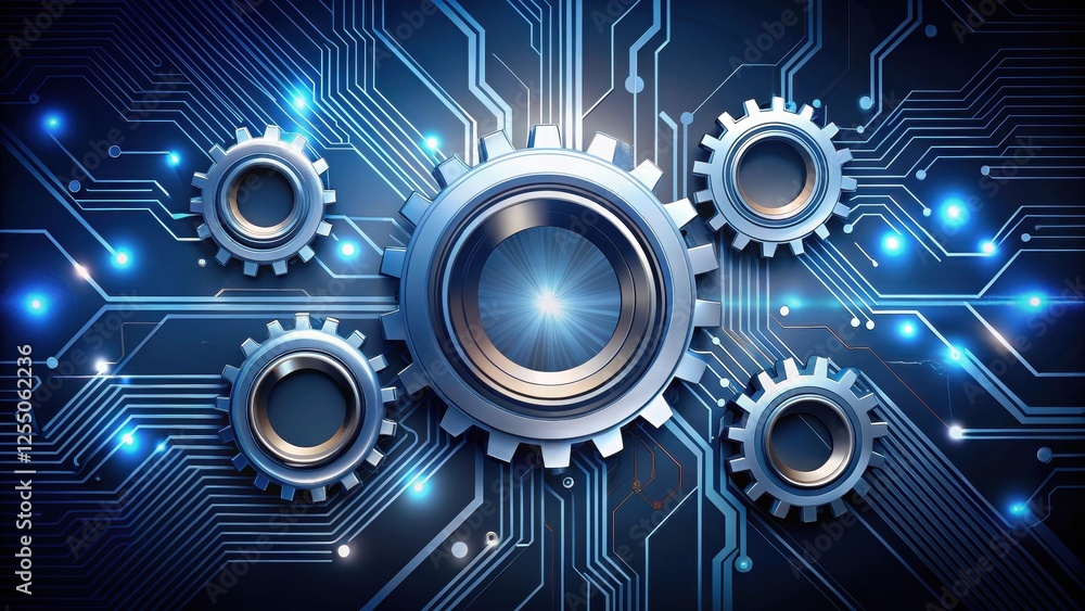 Obraz premium Interconnected Metallic Cogwheels on a Futuristic Circuit Board Background, Symbolizing Technological Synergy and Precision Engineering