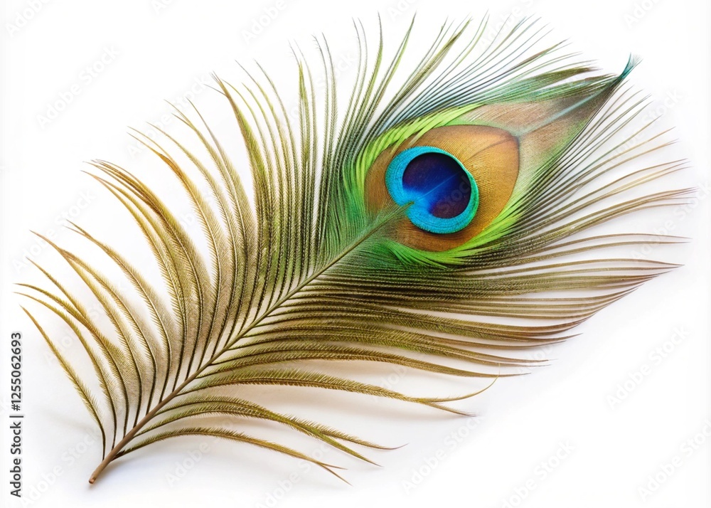 Fototapeta premium Single Peacock Feather Animal On White Background