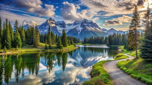 Wallpaper Mural Serene Mountain Lake Pathway A picturesque winding path beside a tranquil lake, reflecting majestic snow-capped mountains and lush evergreen forests under a vibrant sky Torontodigital.ca