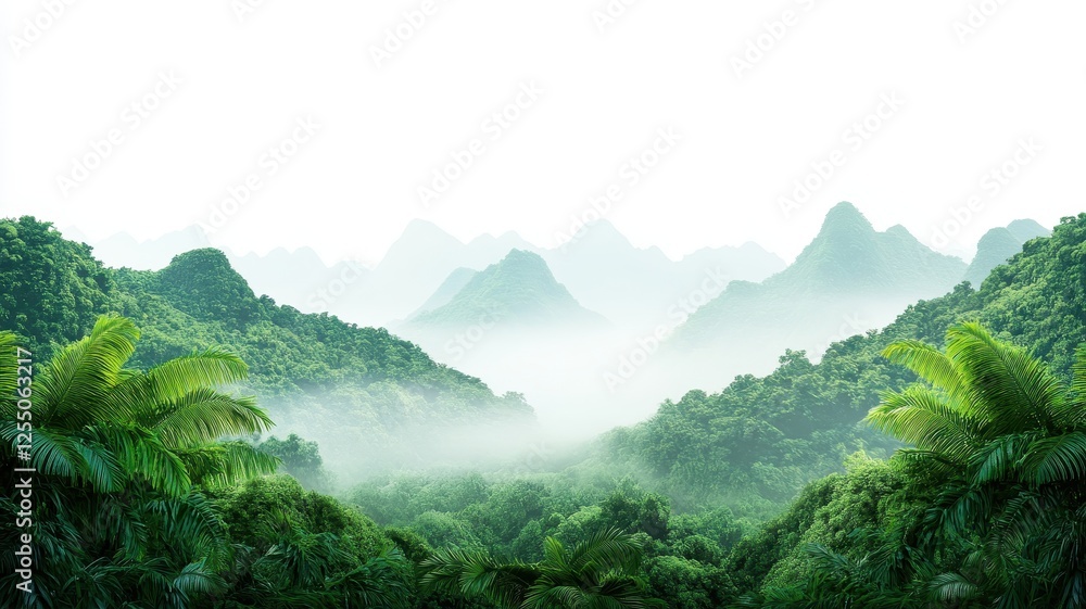 Obraz premium Lush green rainforest with misty mountain backdrop
